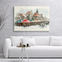 Watercolor Snowy Town Square Print, Christmas Market Canvas Wall Art, European Holiday Canvas Decor, Winter Wall Art