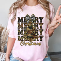 Leopard Bow Holiday Tree Graphic Shirt, Camo Merry Christmas T-Shirt, Rustic Western Xmas Tee, Southern Winter Holiday Shirt for Women
