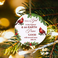Luke 2:14 Cardinal Bird Ornament, Glory to God Christmas Ornament, Ceramic Bible Verse Keepsake, Christian Holiday Tree Decor Present