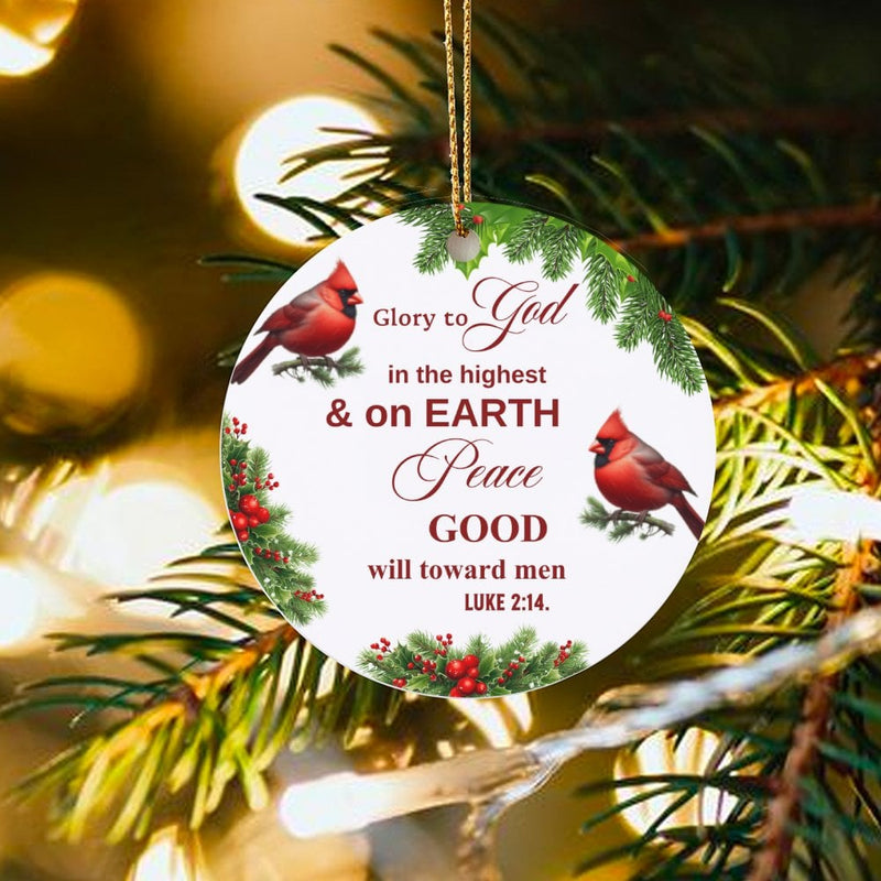 Luke 2:14 Cardinal Bird Ornament, Glory to God Christmas Ornament, Ceramic Bible Verse Keepsake, Christian Holiday Tree Decor Present