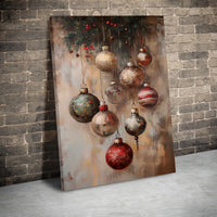 Rustic Oil Painting Baubles Holly Print, Vintage Christmas Ornaments Canvas Wall Art, Holiday Festive Canvas Digital Download