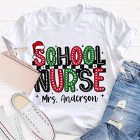 Custom Name Santa Hat Graphic Tee, Personalized School Nurse Christmas Shirt, RN Nurse Holiday T-Shirt, Healthcare Staff Xmas Present