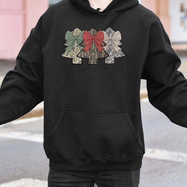 Coquette Bow Holiday Sweatshirt, Camo Christmas Tree Hoodie, Camouflage Tree Pullover, Outdoorsy Hunting Christmas Hooded Swe