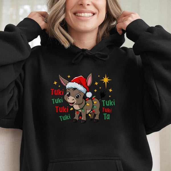 Adorable Santa Hat Burro Hoodie, Christmas Donkey Hoodie, Festive Animal Lover Hoodie, Humorous Holiday Graphic Hooded Sweats