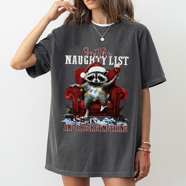 On the Naughty List and I Regret Nothing Shirt, Humorous Raccoon Christmas Shirt, Retro Holiday Animal Tee, Adorable Christma