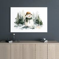 Snowy Pine Forest Winter Landscape, Watercolor Snowman Canvas Wall Art Print, Christmas Holiday Wall Decor, Digital Download