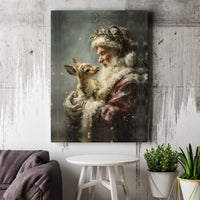 Rustic Christmas Wall Decor, Santa Claus with Baby Deer Canvas Art, Holiday Season Canvas Print, Festive Winter Canvas, Xmas Home Present