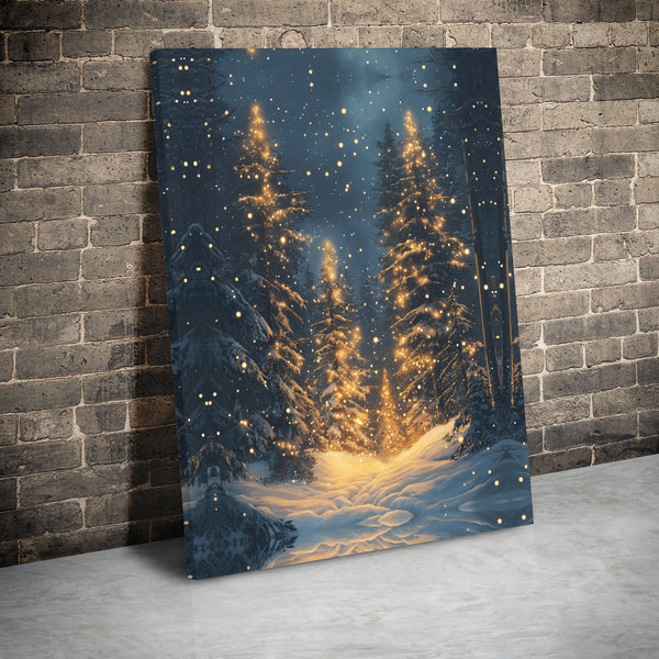 Glowing Pine Trees Canvas Print, Winter Forest Canvas Wall Art, Snowy Pine Forest Canvas Decor, Christmas Landscape Art, Holi