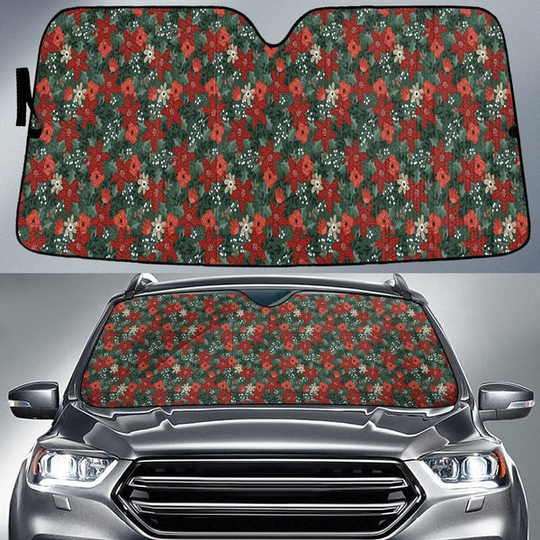 Red Poinsettia Botanical Windshield Cover, Christmas Floral Car Sun Shade, Double Insulated UV Heat Shield, Holiday Auto Suns
