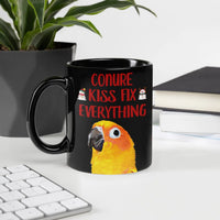 Adorable Christmas Parrot Coffee Cup, Sun Conure Kisses Fix Everything Ceramic Mug, Bird Mom Bird Dad Mug, Tropical Pet Bird Lover Present