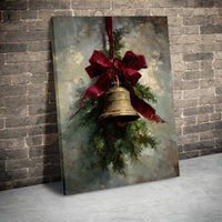 Oil Painting Style Pine Branches Wall Art, Vintage Christmas Bell Canvas Art, Red Bow Holiday Canvas Print