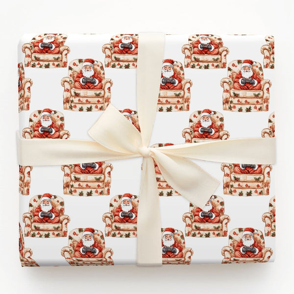 Video Game Controller Gift Wrap, Floral Armchair Gamer Santa Wrapping Paper, Humorous Santa Christmas Wrapping Paper, Gamer G