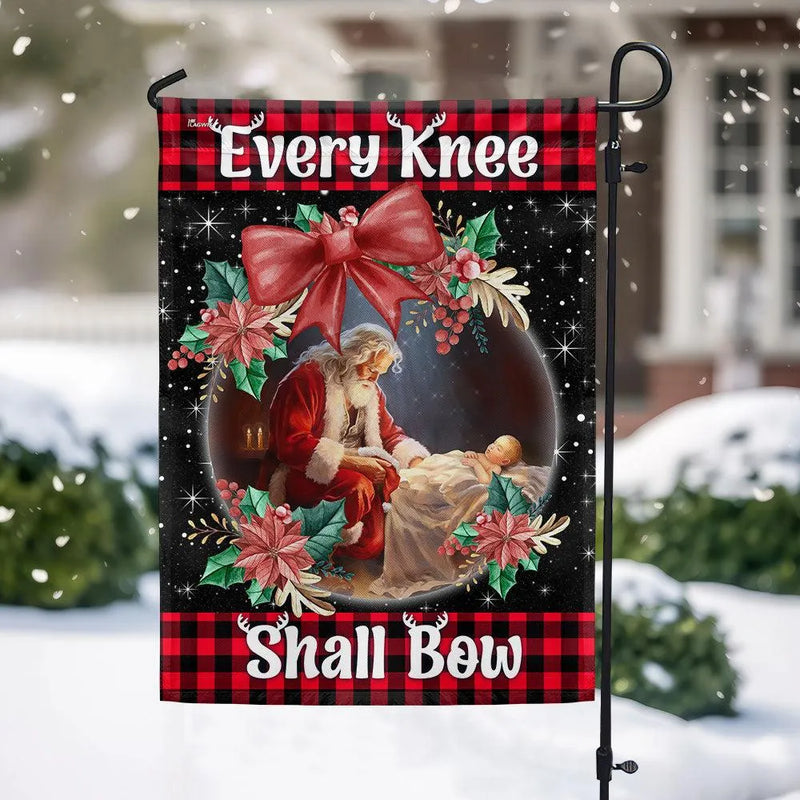 Every Knee Shall Bow Flag, Santa Kneeling Before Baby Jesus Garden Flag, Nativity Buffalo Plaid Yard Flag, Christian Christmas Lawn Decor