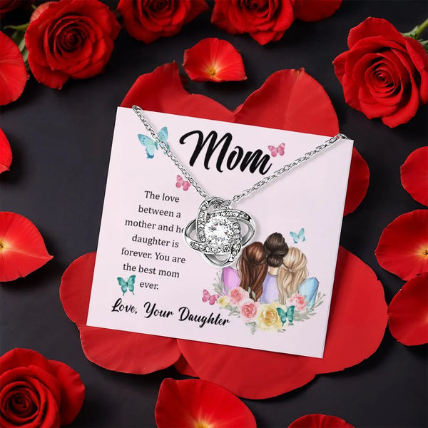 Mother Daughter Love Knot Pendant, Mom Love Knot Necklace, CZ Crystal Love Knot Necklace, Gold Jewelry for Mom, Birthday Chri