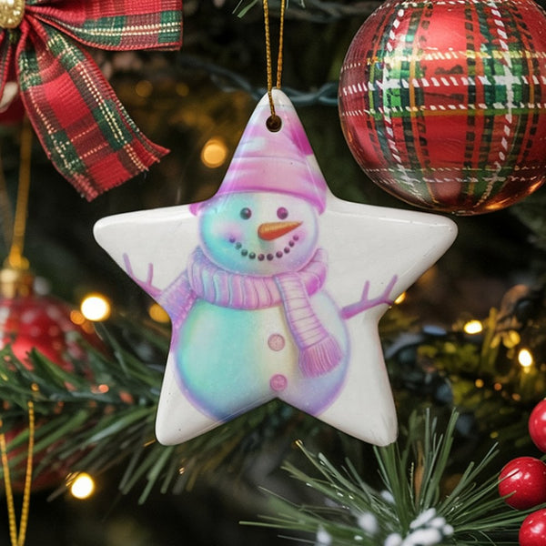 Colorful Winter Ceramic Ornament, Iridescent Snowman Star Ornament, Festive Holiday Star Decor, Whimsical Christmas Tree Keep