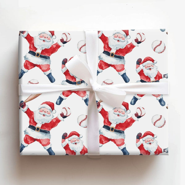 Sports Holiday Gift Wrap, Baseball Santa Christmas Wrapping Paper, Watercolor Baseball Player Wrapping Paper, Coach Christmas