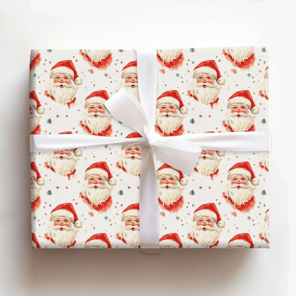 Watercolor Santa Gift Wrap, Vintage Santa Claus Wrapping Paper, Retro Christmas Wrapping Paper, Holiday Present Paper, Xmas P