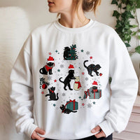 Festive Kitten Santa Hat Sweater, Black Cat Christmas Sweatshirt, Adorable Cat Lover Holiday Crewneck Sweatshirt, Humorous Xmas Animal Pullover