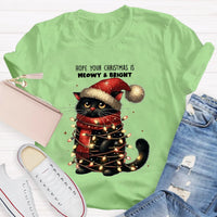 Adorable Holiday Cat Graphic Tee, Meowy and Bright Christmas Cat Teacher T-Shirt, Festive School Teacher Shirt, Humorous Cat Lover Xmas Top