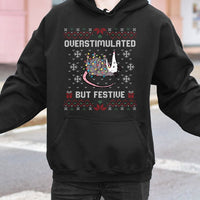 Humorous Possum Christmas Hoodie, Overstimulated but Festive Opossum Hoodie, Ugly Sweater Style Opossum Hoodie, Adorable Animal Lover Present