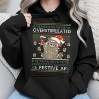 Humorous Christmas Raccoon Sweatshirt, Overstimulated and Festive AF Raccoon Hoodie, Adorable Holiday Raccoon Pullover, Festive Raccoon Hoodie