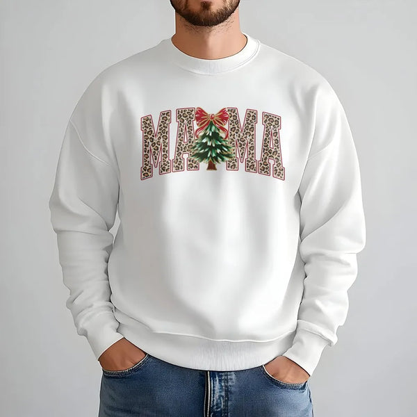 Christmas Tree Bow Sweatshirt, Mama Leopard Print Sweatshirt, Mama Christmas Sweatshirt, Holiday Graphic Crewneck, Xmas Prese