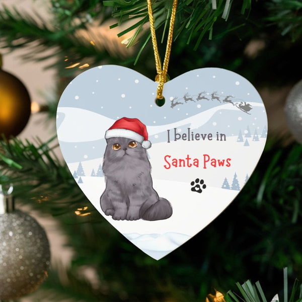 Santa Paws Heart Ceramic Ornament, Gray Persian Cat Christmas Ornament, Cat Lover Holiday Keepsake, Cat Mom Pet Tree Ornament