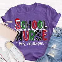 Custom Name Santa Hat Graphic Tee, Personalized School Nurse Christmas Shirt, RN Nurse Holiday T-Shirt, Healthcare Staff Xmas Present