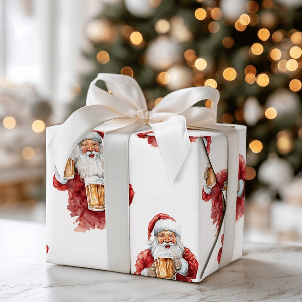 Watercolor Christmas Gift Wrap, Humorous Santa Drinking Beer Wrapping Paper, Humorous Holiday Wrapping Paper