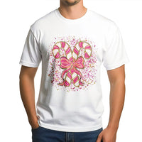 Coquette Bow Graphic Tee, Pink Candy Cane Christmas T-Shirt, Preppy Holiday Shirt, Adorable Aesthetic Xmas Graphic T-Shirt, Present for Women