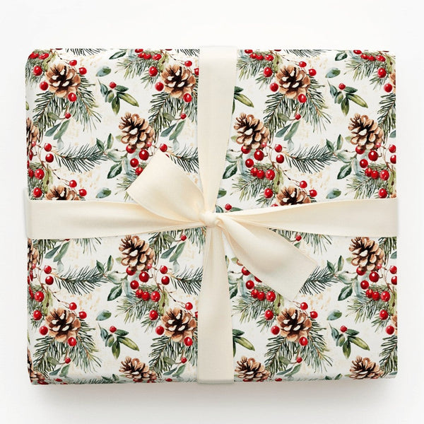 Rustic Winter Berry Gift Wrap, Watercolor Pinecone Christmas Wrapping Paper, Holiday Botanical Wrapping Paper, Xmas Gift Wrap