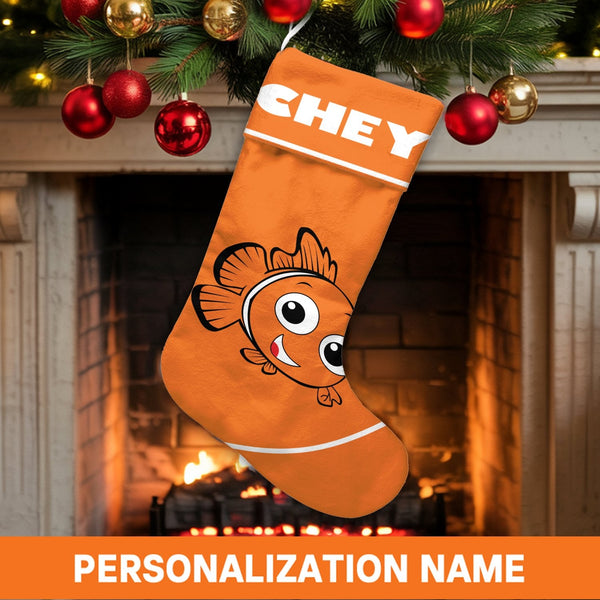 Adorable Fish Holiday Stocking, Clownfish Christmas Stocking, Personalized Christmas Stocking, Ocean Animal Holiday Stocking,