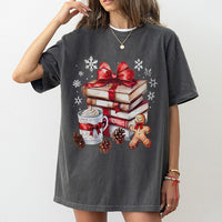 Holiday Book Stack Graphic T-Shirt, Christmas Book Lover T-Shirt, Gingerbread Coffee Reader T-Shirt, Comfy Bookish Christmas Tee Present