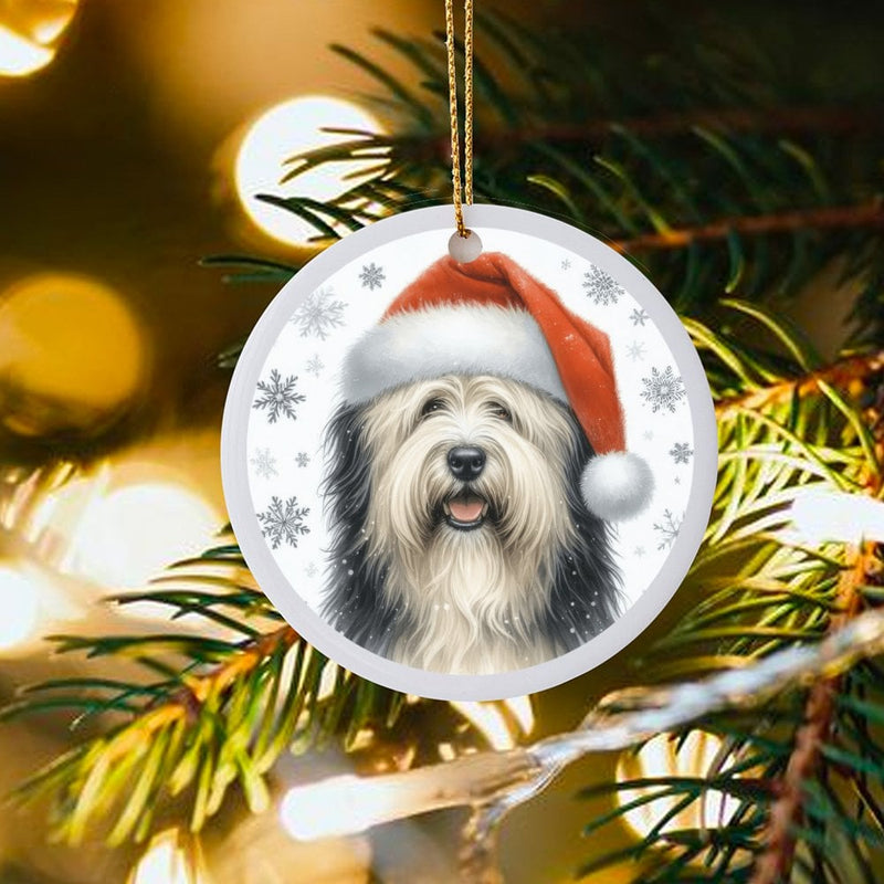Santa Hat Dog Holiday Ornament, Old English Sheepdog Christmas Ornament, Ceramic Puppy Tree Ornament, Sheepdog Lover Keepsake Present Decor