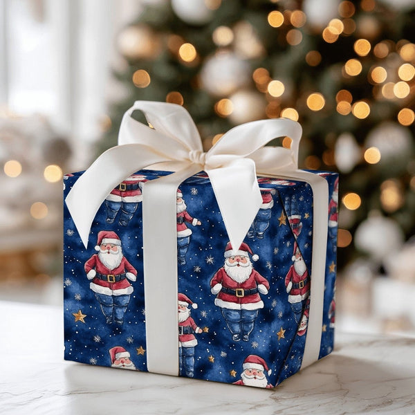 Humorous Denim Santa Gift Wrap, Santa in Blue Jeans Wrapping Paper, Starry Night Christmas Wrapping Paper, Whimsical Holiday 