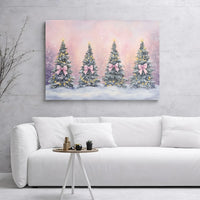 Snowy Holiday Landscape Canvas Print, Pink Bow Christmas Tree Canvas Art, Festive Xmas Tree Canvas Wall Art, Comfy Winter Canvas Decor