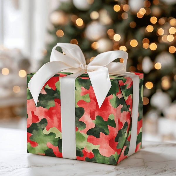 Watercolor Camouflage Gift Wrap, Christmas Camo Wrapping Paper, Red and Green Camo Wrapping Paper, Holiday Present Paper, Xma