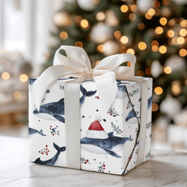 Nautical Santa Whale Gift Wrap, Whale Christmas Wrapping Paper, Ocean Animal Wrapping Paper, Winter Holiday Gift Wrap, Coasta