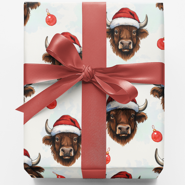 Adorable Cattle Holiday Gift Wrap Roll, Santa Hat Highland Cow Christmas Wrapping Paper, Winter Animal Present Paper, Farmhou