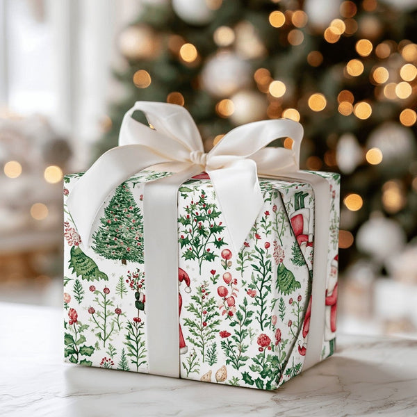 Botanical Christmas Tree Gift Wrap, Watercolor Santa Wrapping Paper, Nostalgic Holiday Santa Wrapping Paper, Vintage Christma