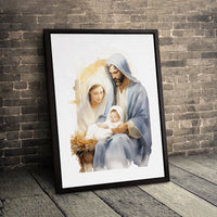 Watercolor Mary Joseph Baby Jesus Manger Scene, Holy Family Nativity Canvas Wall Art, Christian Christmas Digital Download Print Decor