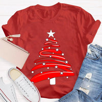 Festive Holiday Season Graphic Tee, Red Christmas Tree Stars Graphic Shirt, Merry Christmas Tree T-Shirt, Winter Holiday Party Apparel
