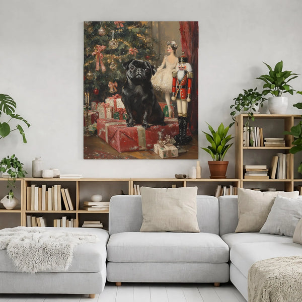 Nutcracker and Ballerina Canvas Print, Black Pug Christmas Canvas Wall Art, Holiday Dog Wall Decor, Festive Black Pug Canvas,