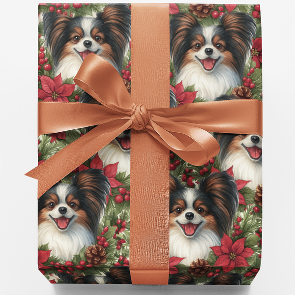 Festive Puppy Holiday Gift Wrap, Papillon Dog Christmas Wrapping Paper, Adorable Pet Floral Present Wrap, Dog Lover Christmas
