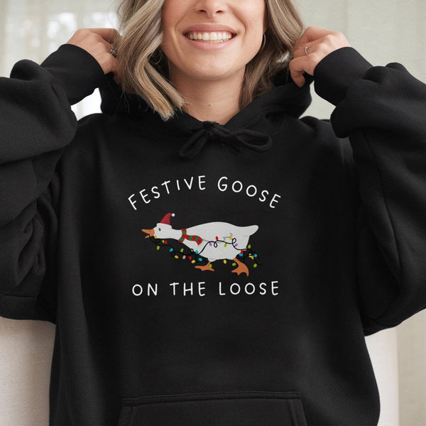 Silly Goose Holiday Sweatshirt, Festive Goose Christmas Hoodie, Adorable Animal Santa Hat Pullover, Humorous Duck Xmas Season