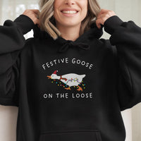 Silly Goose Holiday Sweatshirt, Festive Goose Christmas Hoodie, Adorable Animal Santa Hat Pullover, Humorous Duck Xmas Season Hooded Sweater