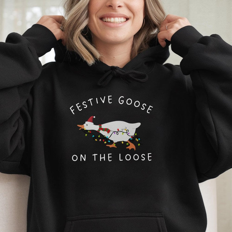 Silly Goose Holiday Sweatshirt, Festive Goose Christmas Hoodie, Adorable Animal Santa Hat Pullover, Humorous Duck Xmas Season Hooded Sweater