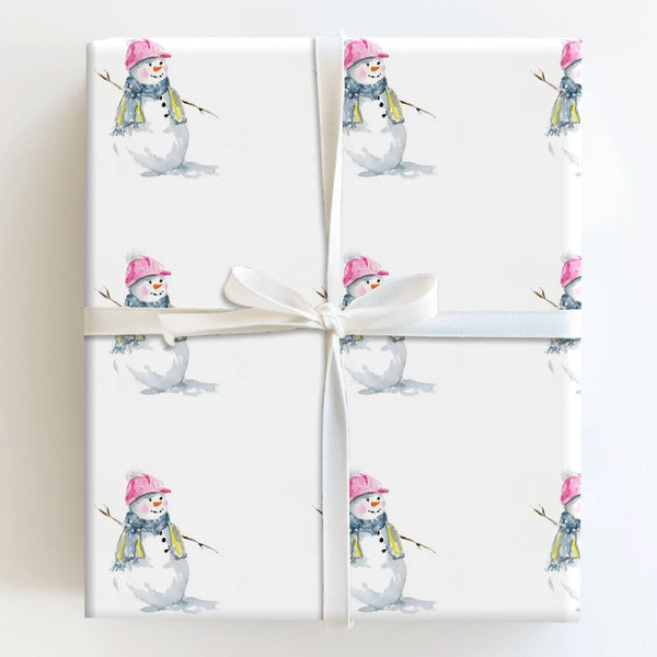 Pink Beanie Winter Gift Wrap, Watercolor Snowman Wrapping Paper, Adorable Christmas Holiday Paper, Snowman Present Wrap, Fest