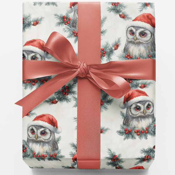Santa Hat Mistletoe Christmas Gift Wrap, Holiday Night Owl Wrapping Paper, Festive Woodland Bird Wrapping Paper, Holiday Gift
