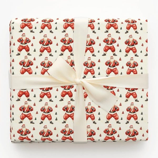 Humorous Muscular Santa Gift Wrap, Boxer Santa Wrapping Paper, Fighting Santa Christmas Wrapping Paper, Novelty Holiday Gift 
